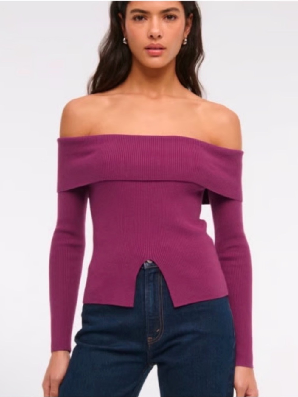 Abercrombie & Fitch Off‑Shoulder Ribbed Sweater in Berry Plum